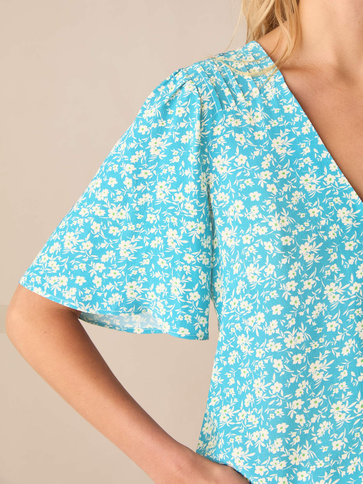 Blue Ditsy Print Flutter Sleeve Top