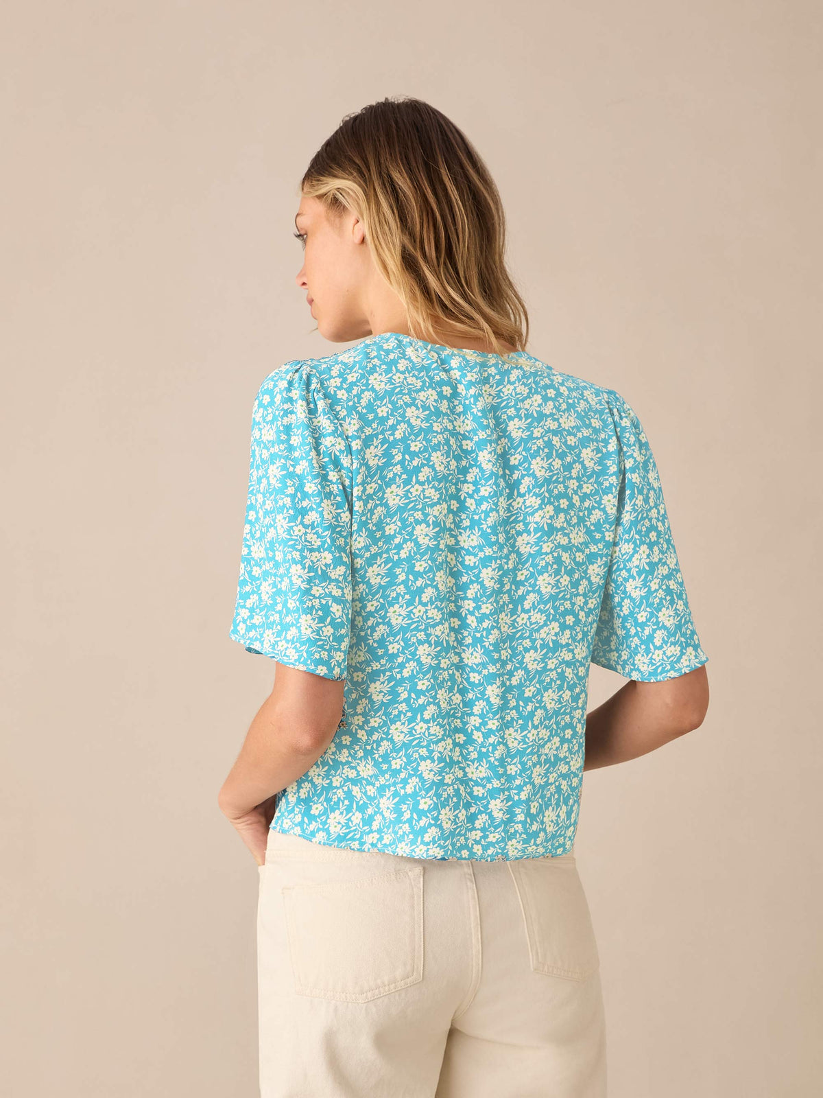 Blue Ditsy Print Flutter Sleeve Top