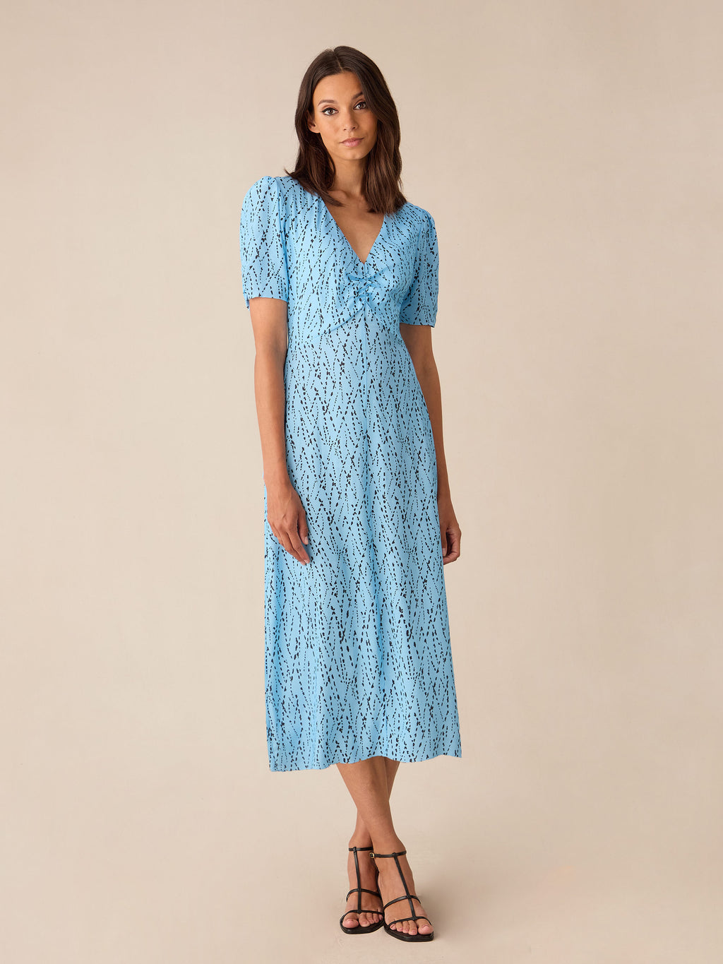 Dash Print Ruched Front Midi Dress