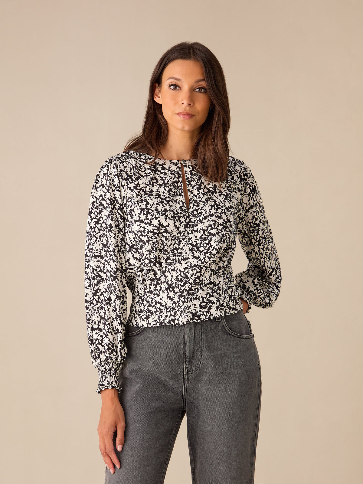 Mono Floral Print Keyhole Front Blouse