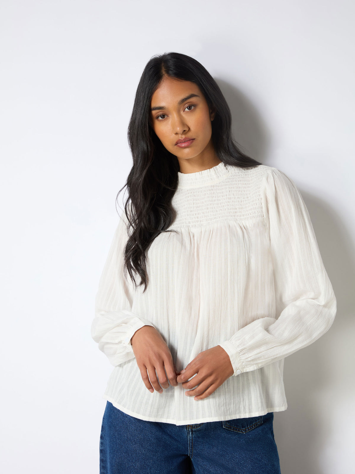 Shirred Neck Ivory Blouse