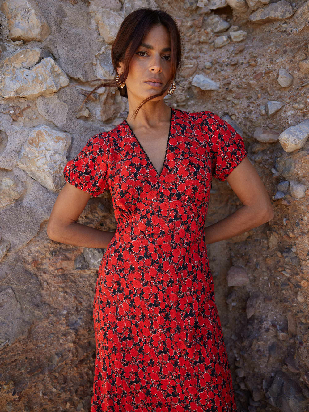 Red Blurred Floral Print Puff Sleeve Midi Dress Ro&Zo Red Blurred Floral Print Puff Sleeve Midi Dress Ro&Zo