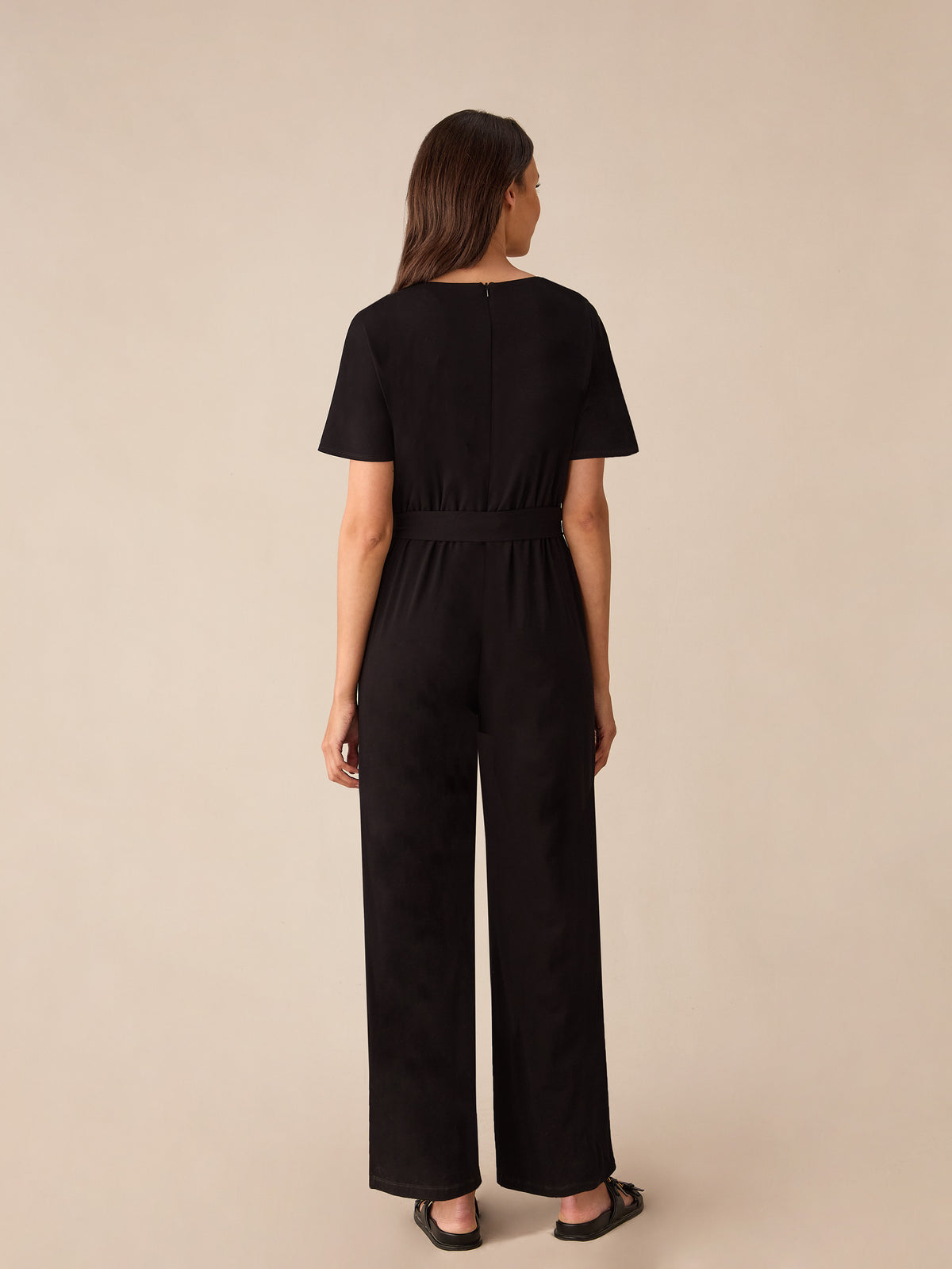 Black Jersey Tie Belt Jumpsuit