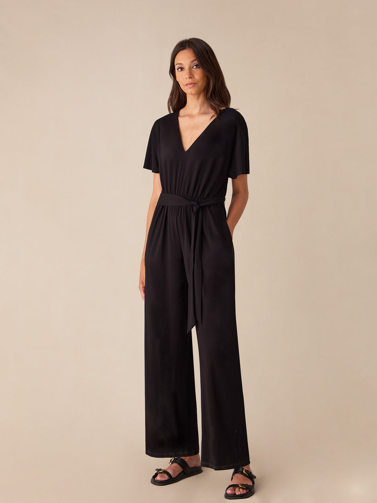 Black Jersey Tie Belt Jumpsuit