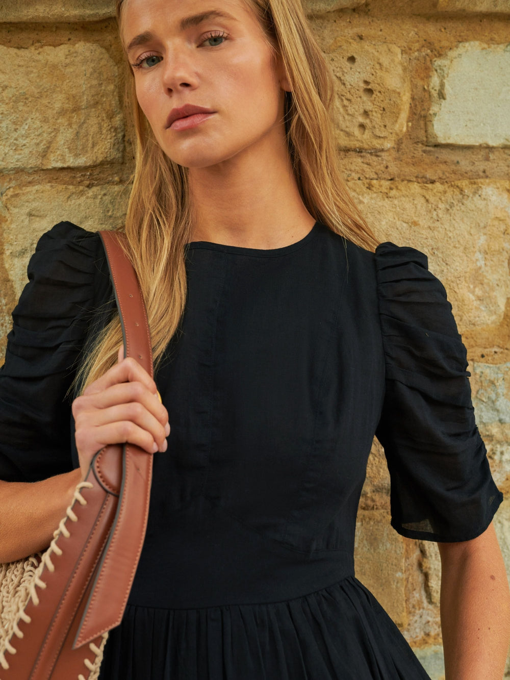 Black Cotton Puff Sleeve Midi Dress Ro&Zo Black Cotton Puff Sleeve Midi Dress Ro&Zo