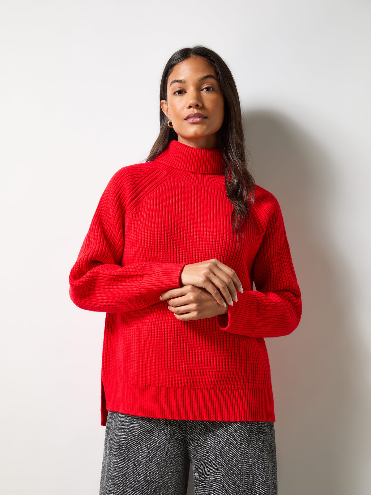 Red Ribbed High Neck Jumper