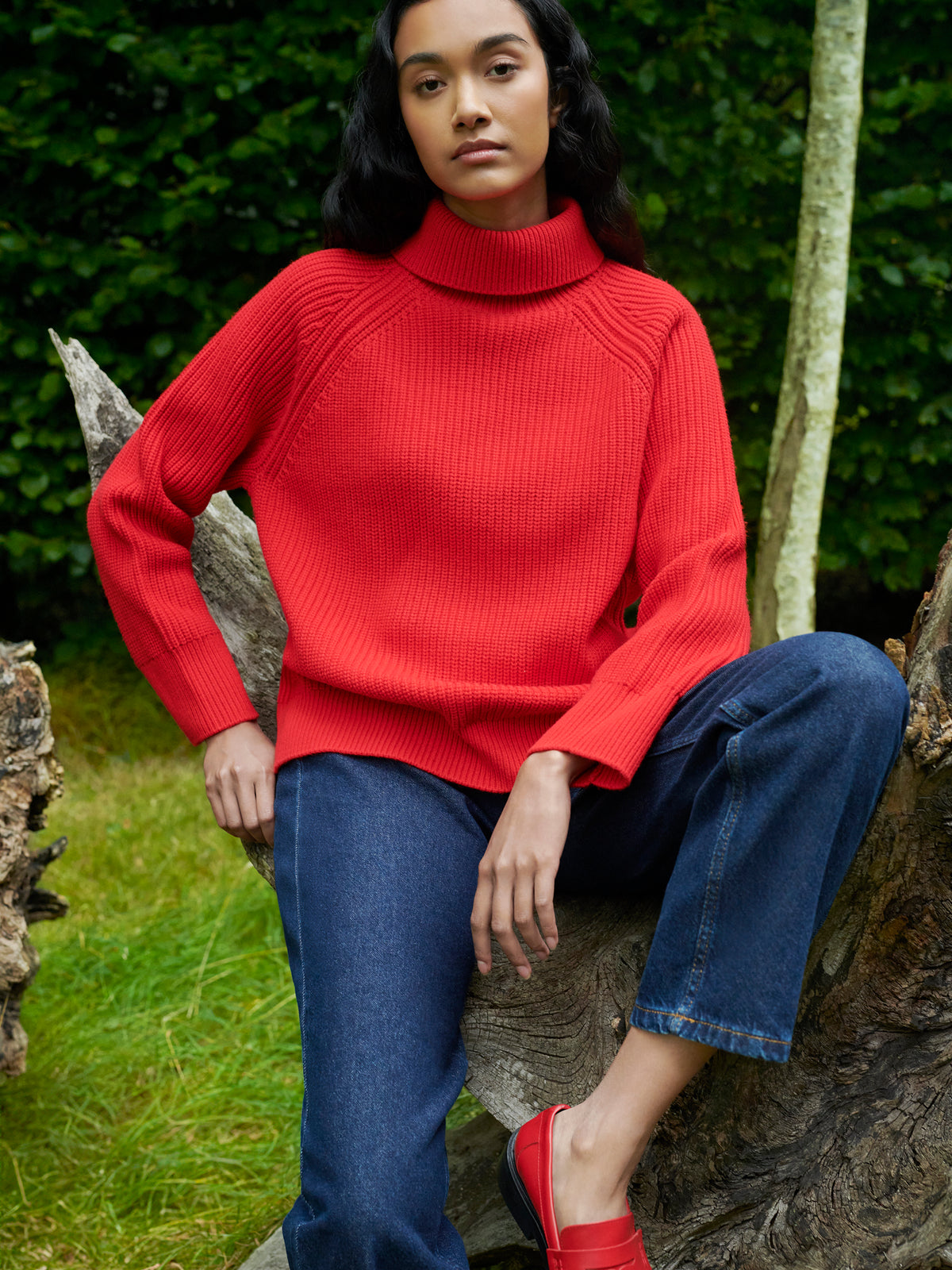 Red Ribbed High Neck Jumper