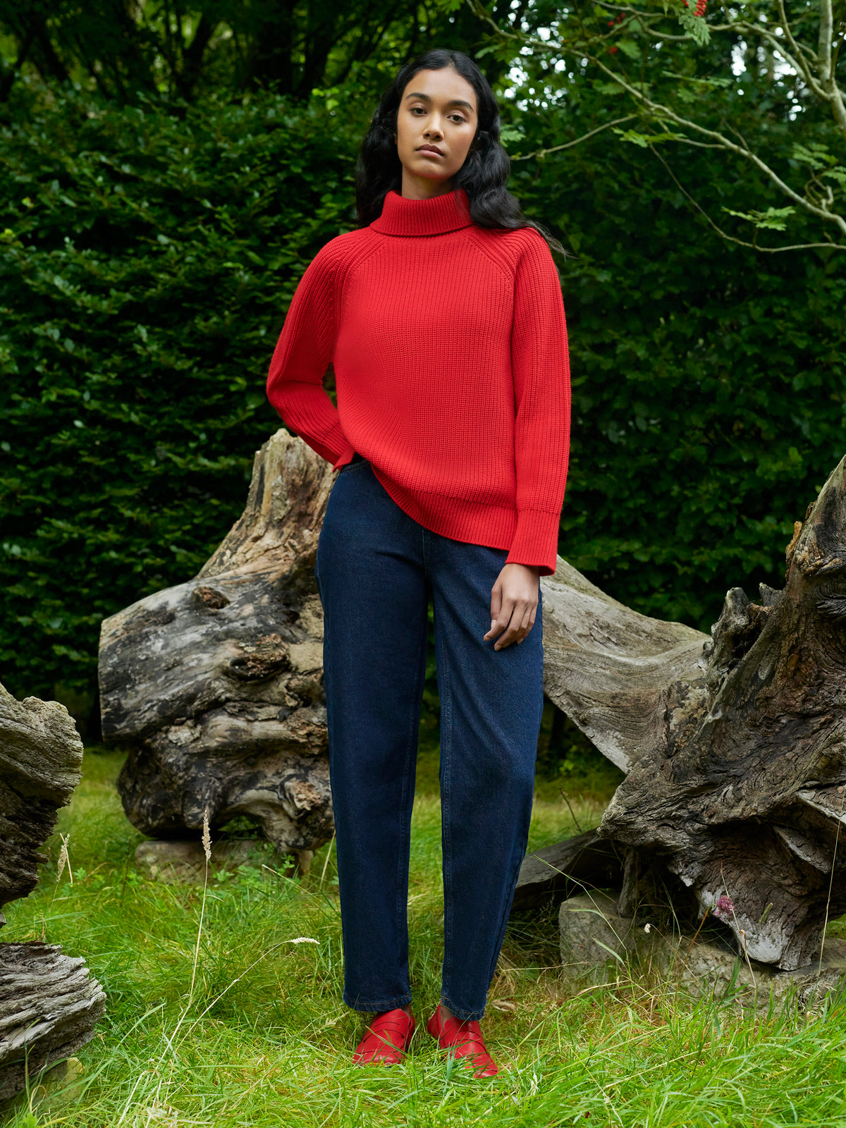 Red Ribbed High Neck Jumper