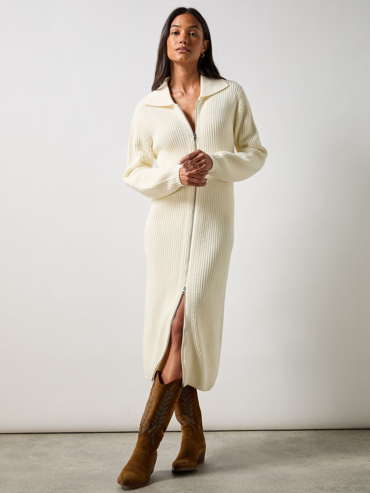 Petite Cream Zip Through Knitted Dress