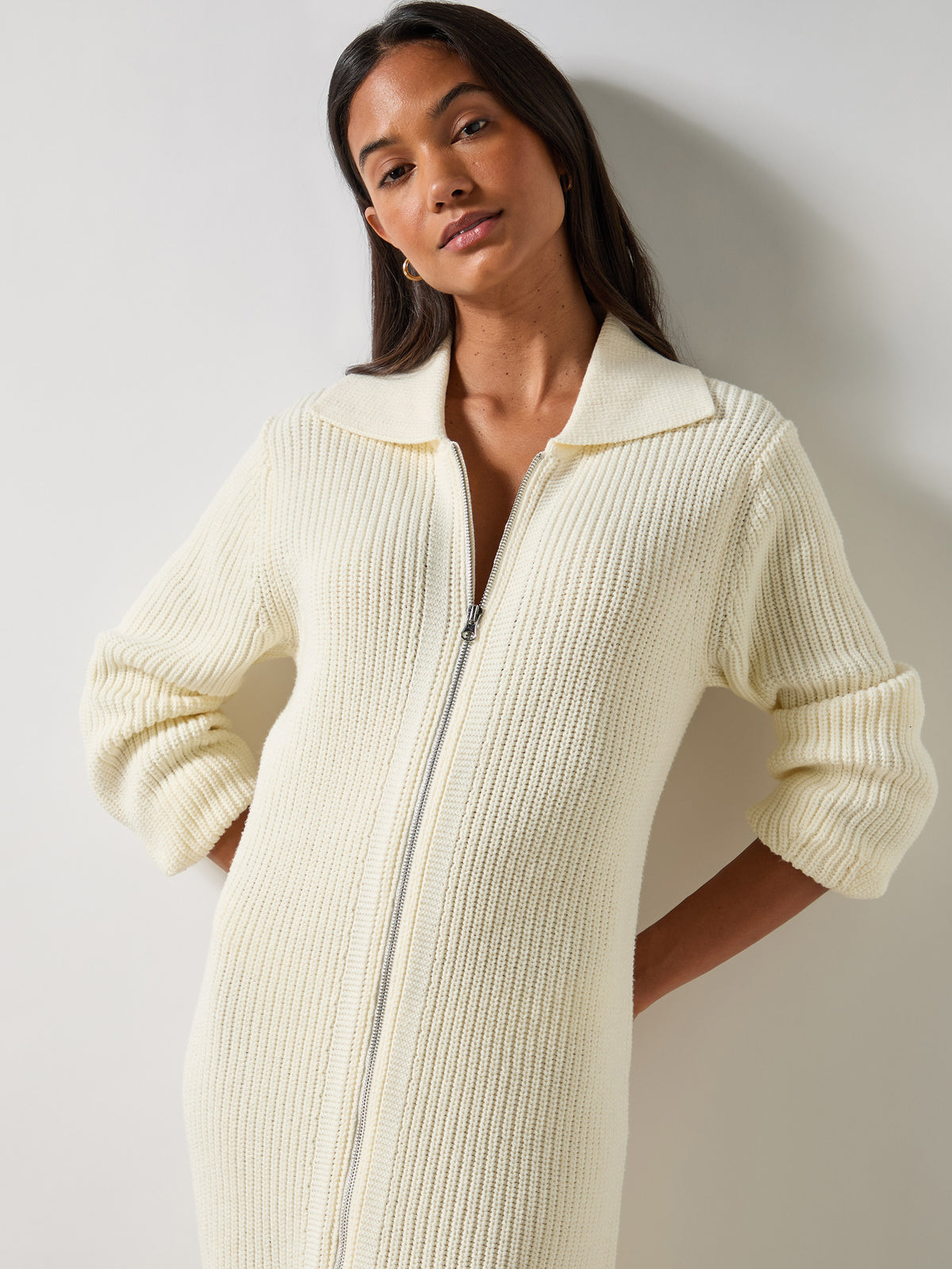 Petite Cream Zip Through Knitted Dress