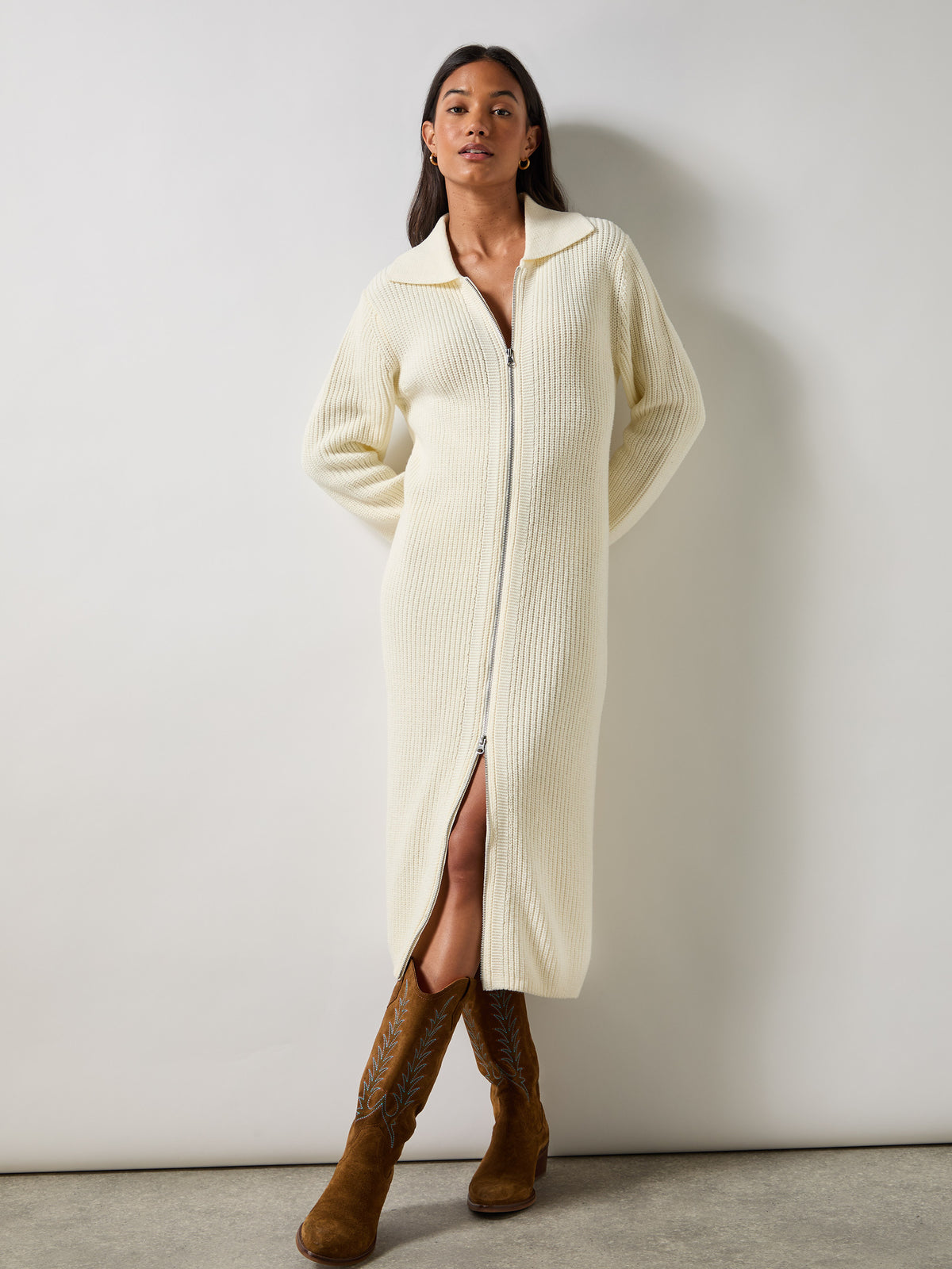 Petite Cream Zip Through Knitted Dress