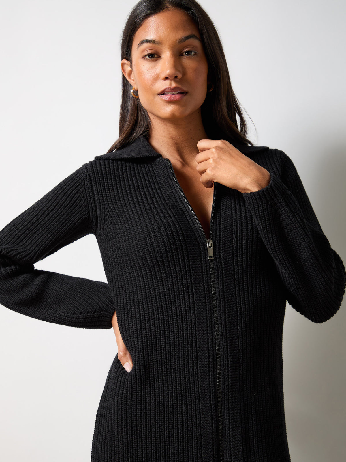 Petite Black Zip Through Knitted Dress