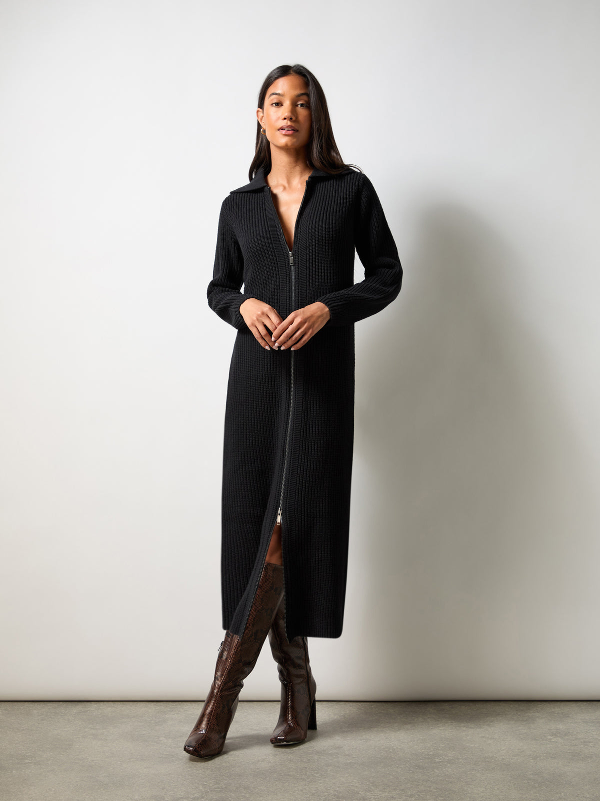 Petite Black Zip Through Knitted Dress