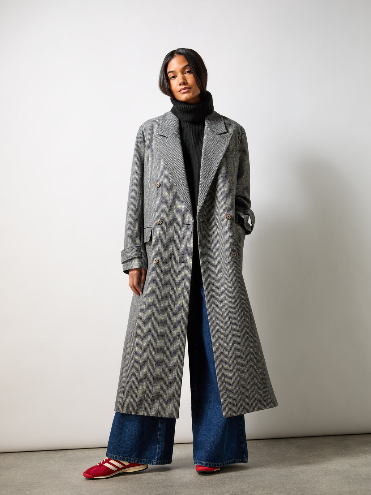 Oversized Herringbone Wool Blend Double Breasted Coat