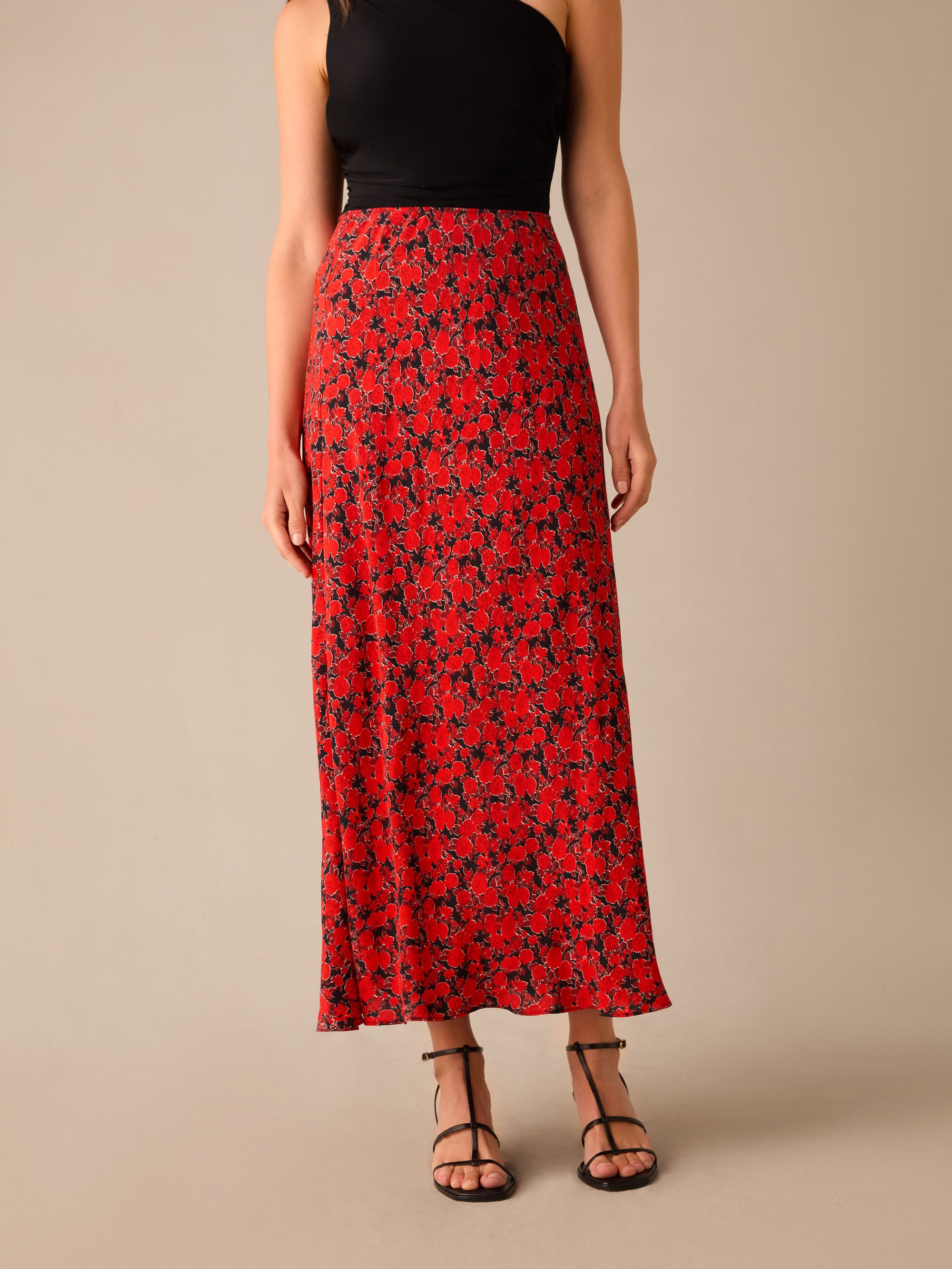 Petite Red Blurred Floral Print Bias Cut Maxi Skirt Ro Zo