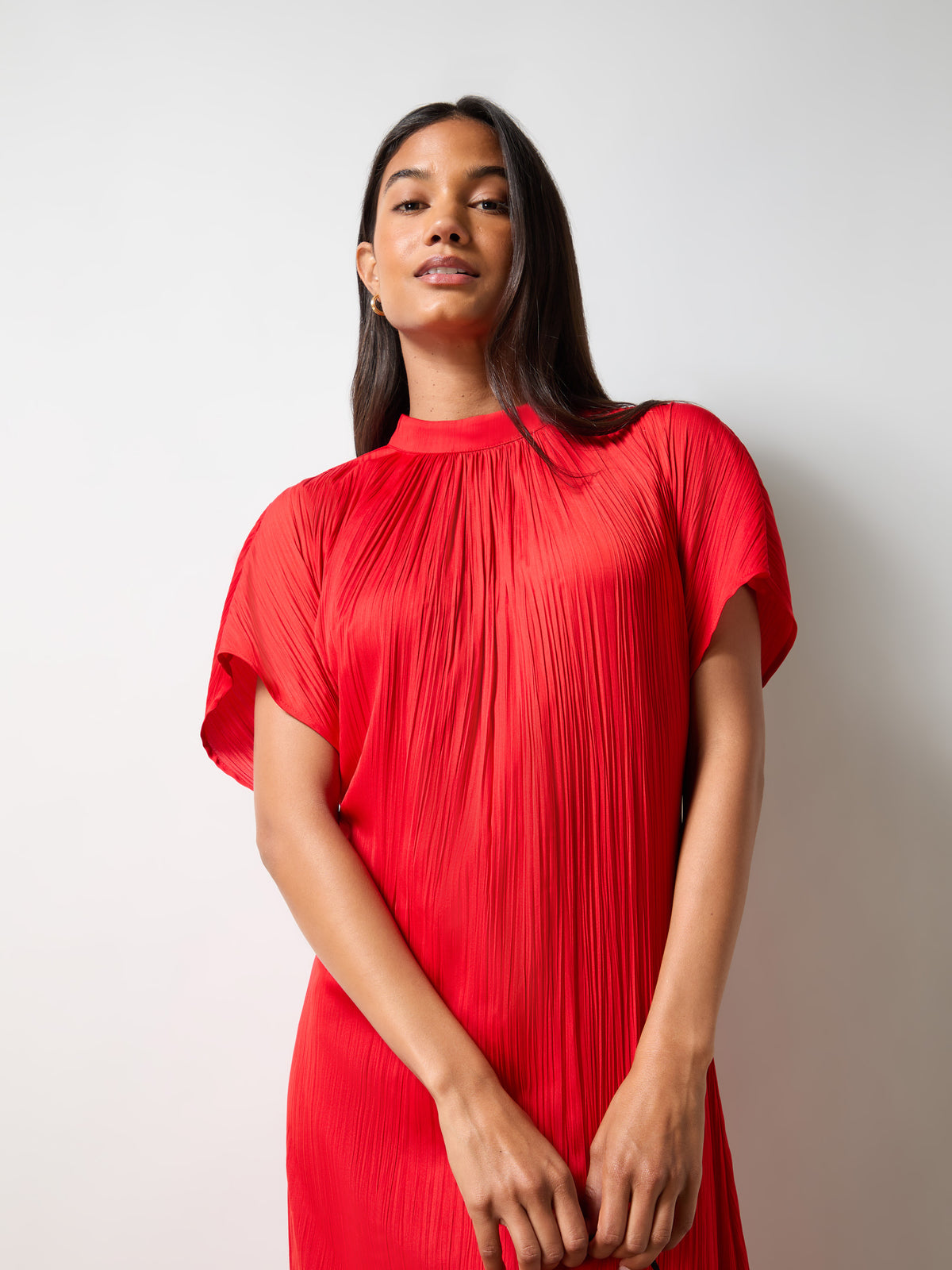 Petite Red High Neck Plisse Dress