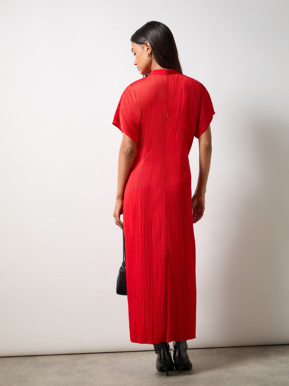 Petite Red High Neck Plisse Dress