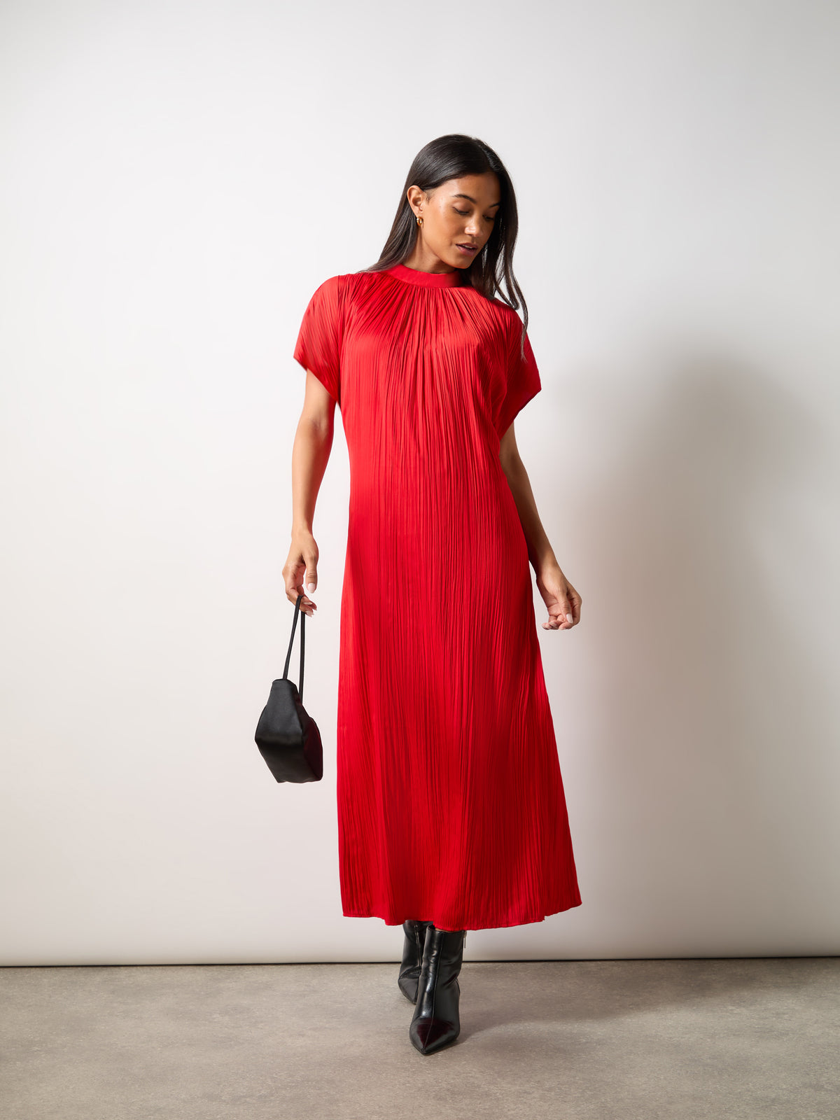 Petite Red High Neck Plisse Dress