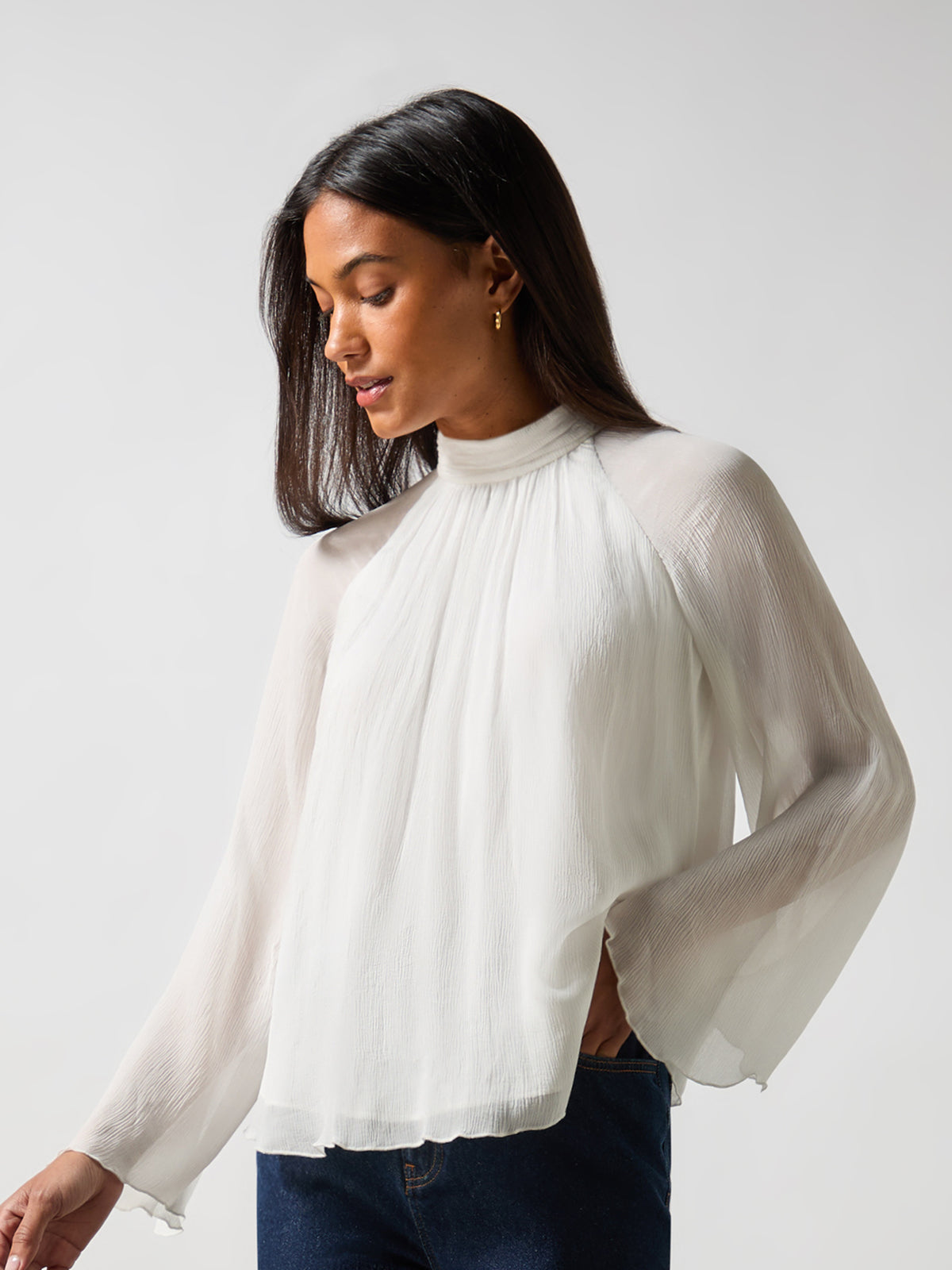 Ivory Crinkle Flared Sleeve Blouse