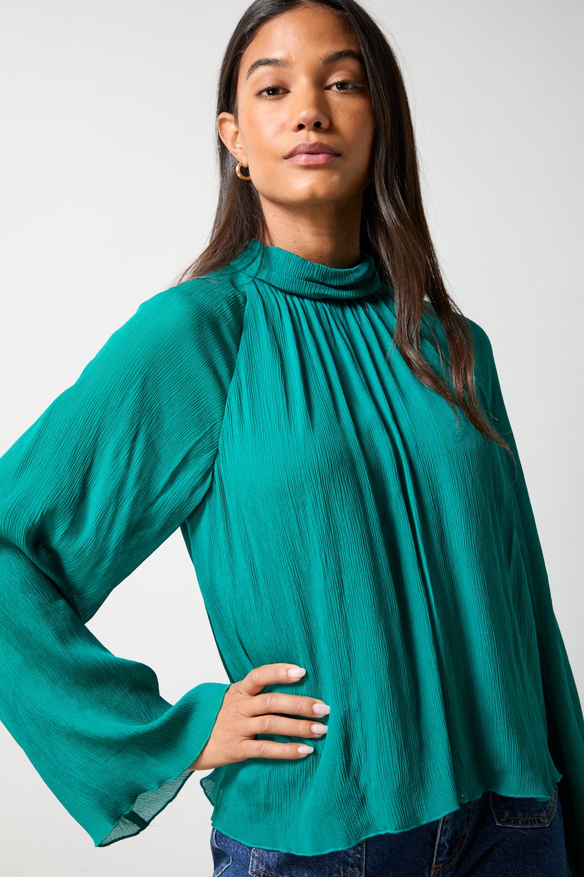 Teal Crinkle Flared Sleeve Blouse