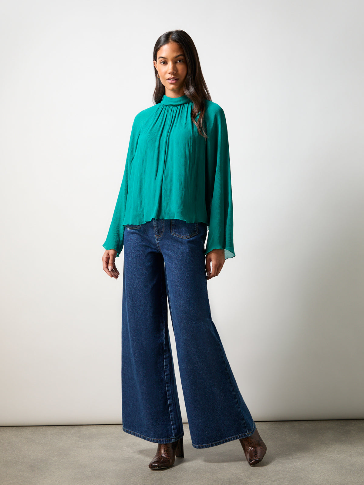 Teal Crinkle Flared Sleeve Blouse