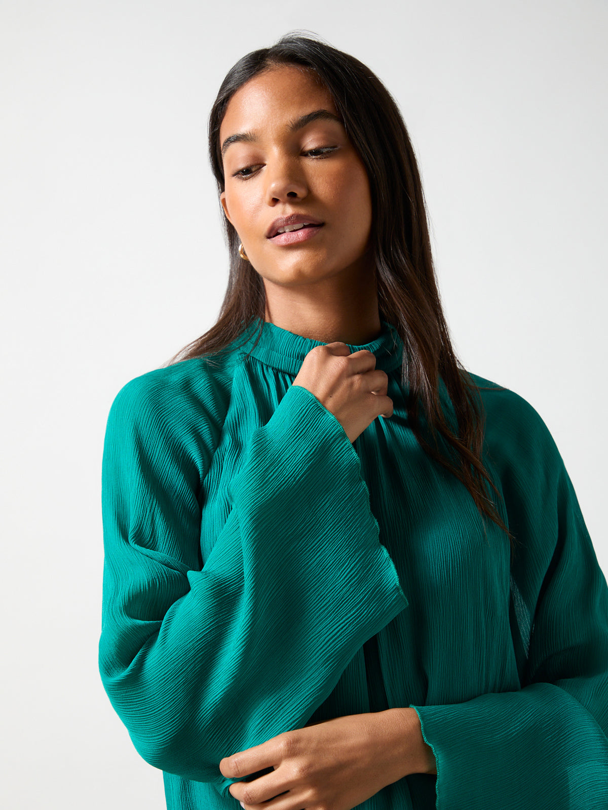 Teal Crinkle Flared Sleeve Blouse