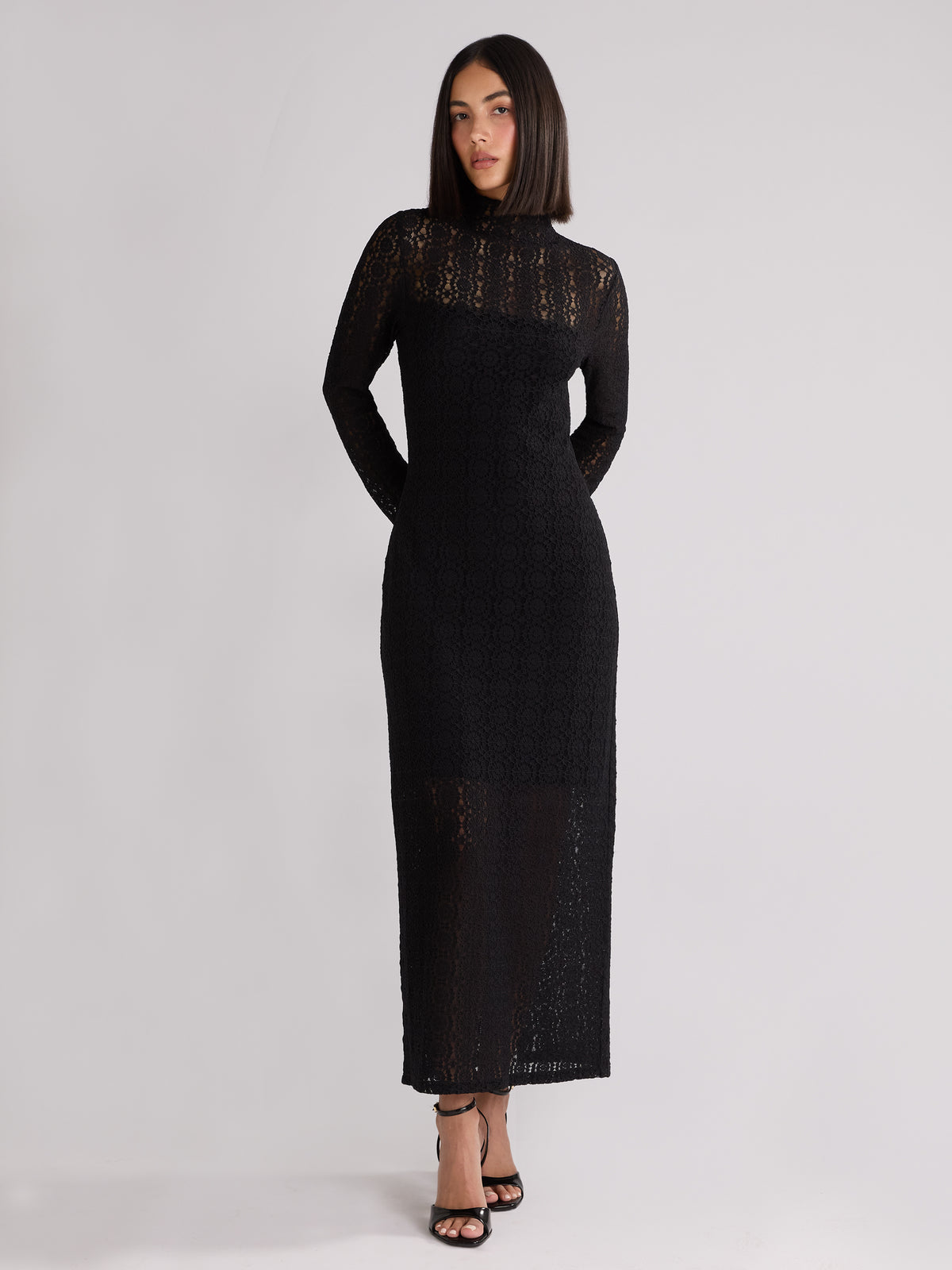 Black Lace High Neck Midi Dress