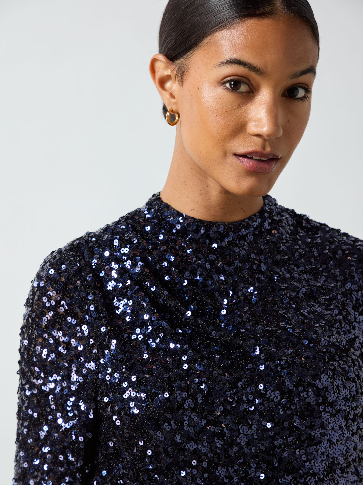 Navy Sequin High Neck Top