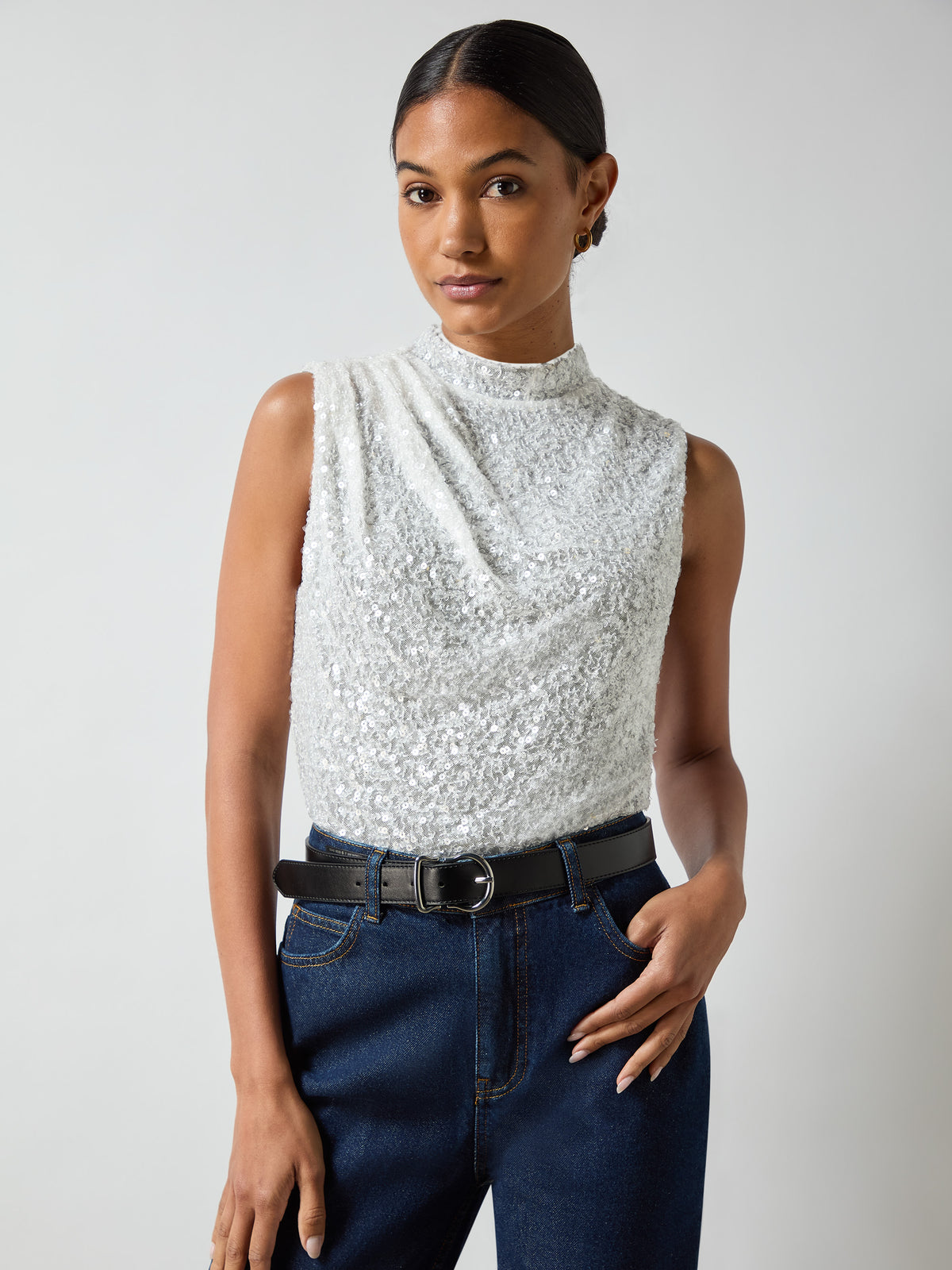 White Sequin High Neck Top