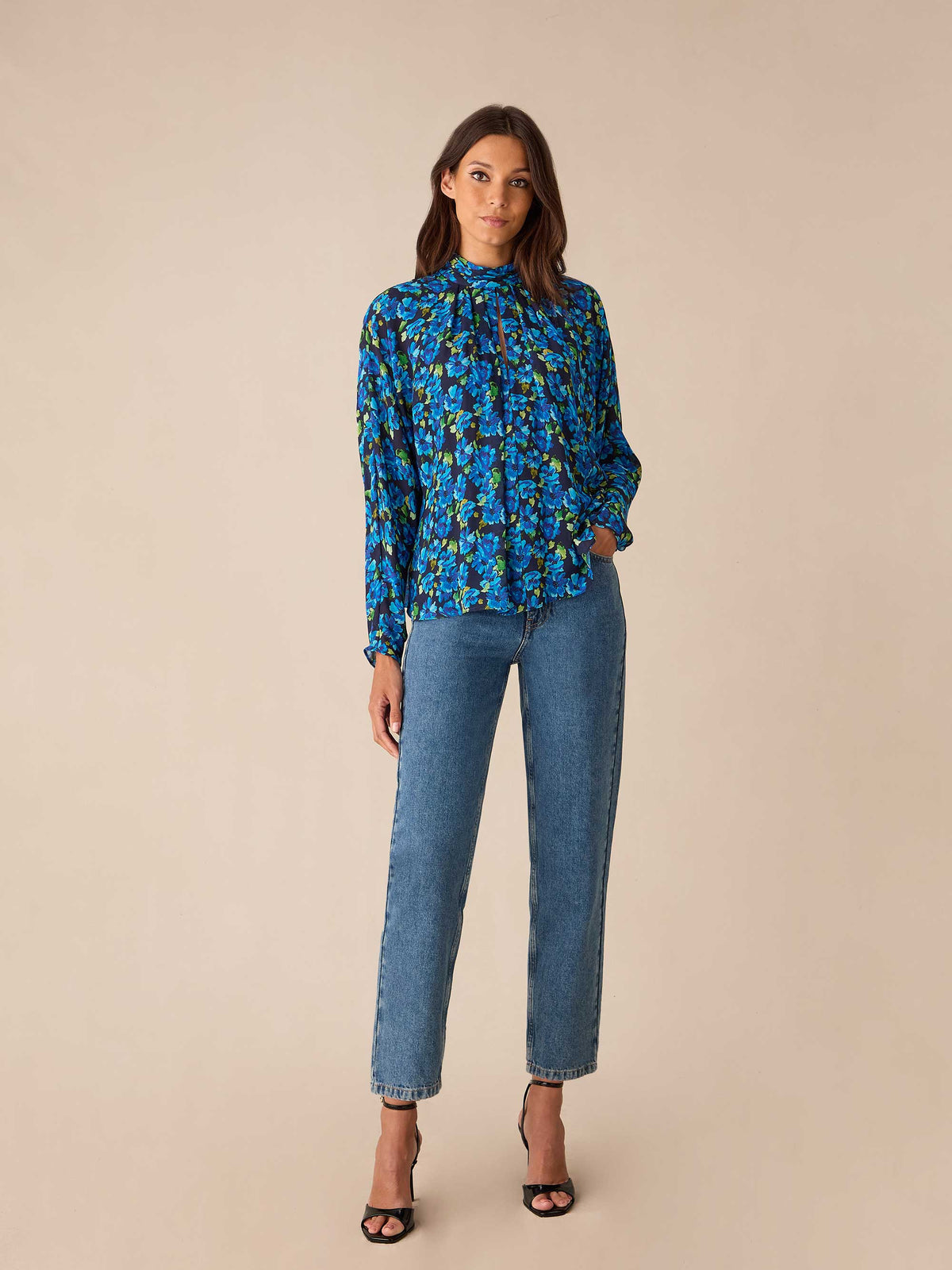 Blue Floral Print Batwing Sleeve Blouse