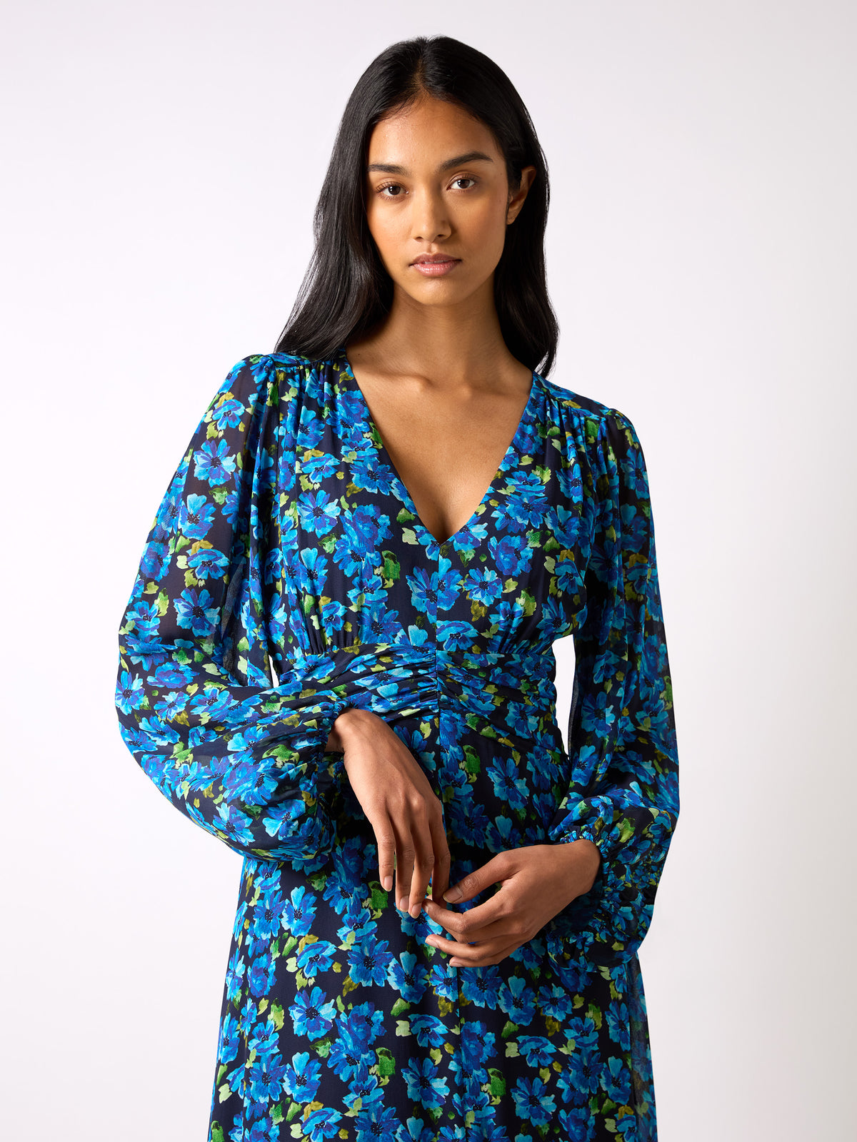 Blue Floral Print Ruched Waist Dress