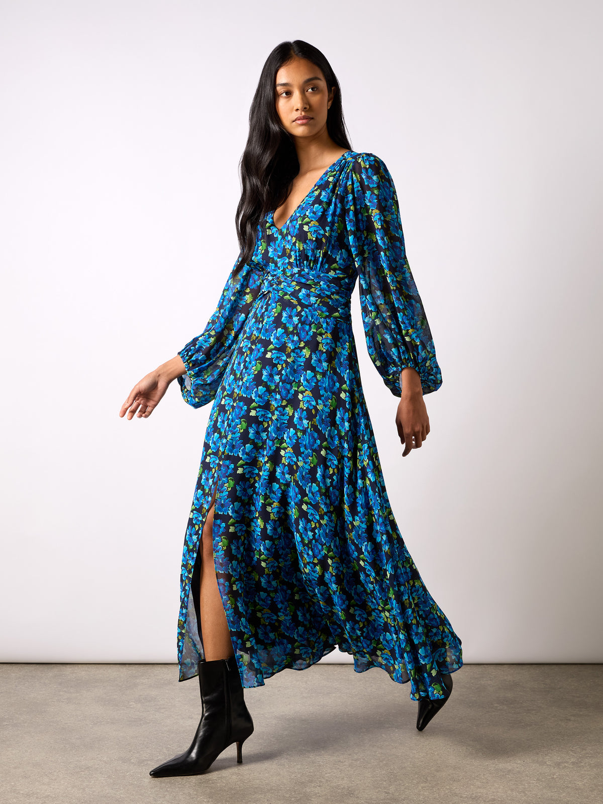 Blue Floral Print Ruched Waist Dress