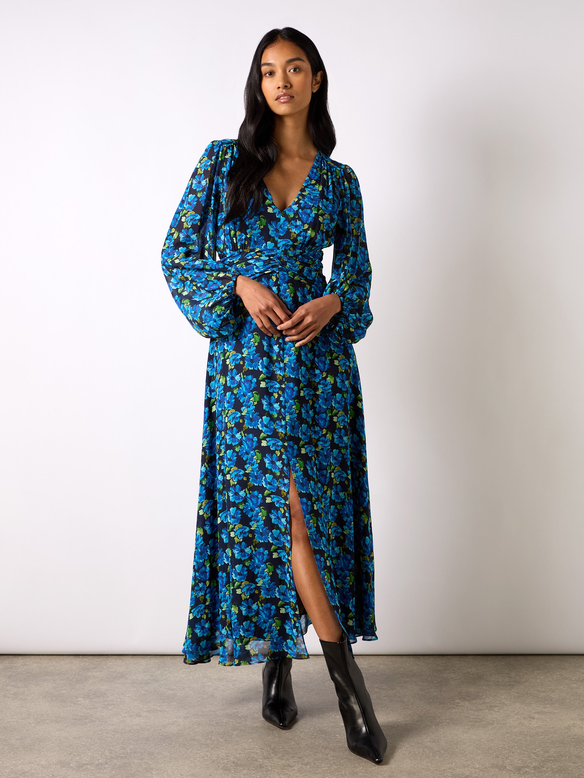 Blue Floral Print Ruched Waist Dress – Ro&Zo