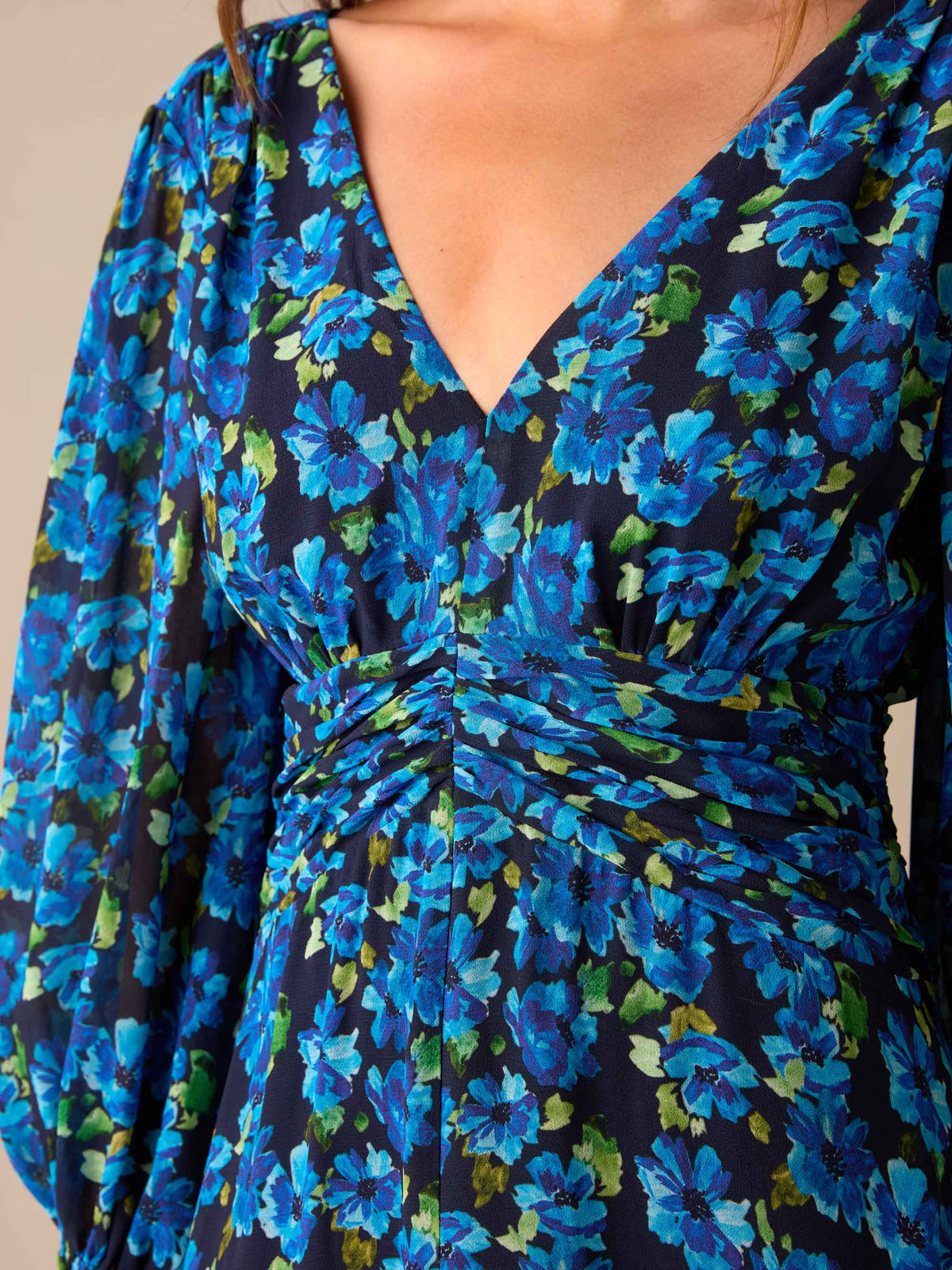 Petite Blue Floral Print Ruched Waist Dress