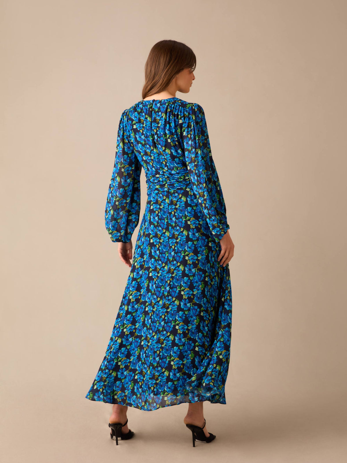 Petite Blue Floral Print Ruched Waist Dress