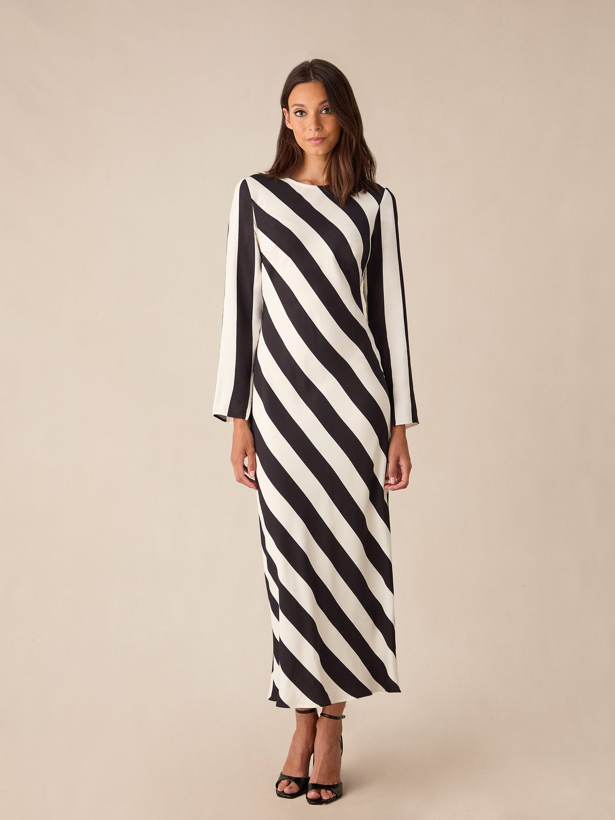 Clara Mono Stripe Print Bias Cut Maxi Dress