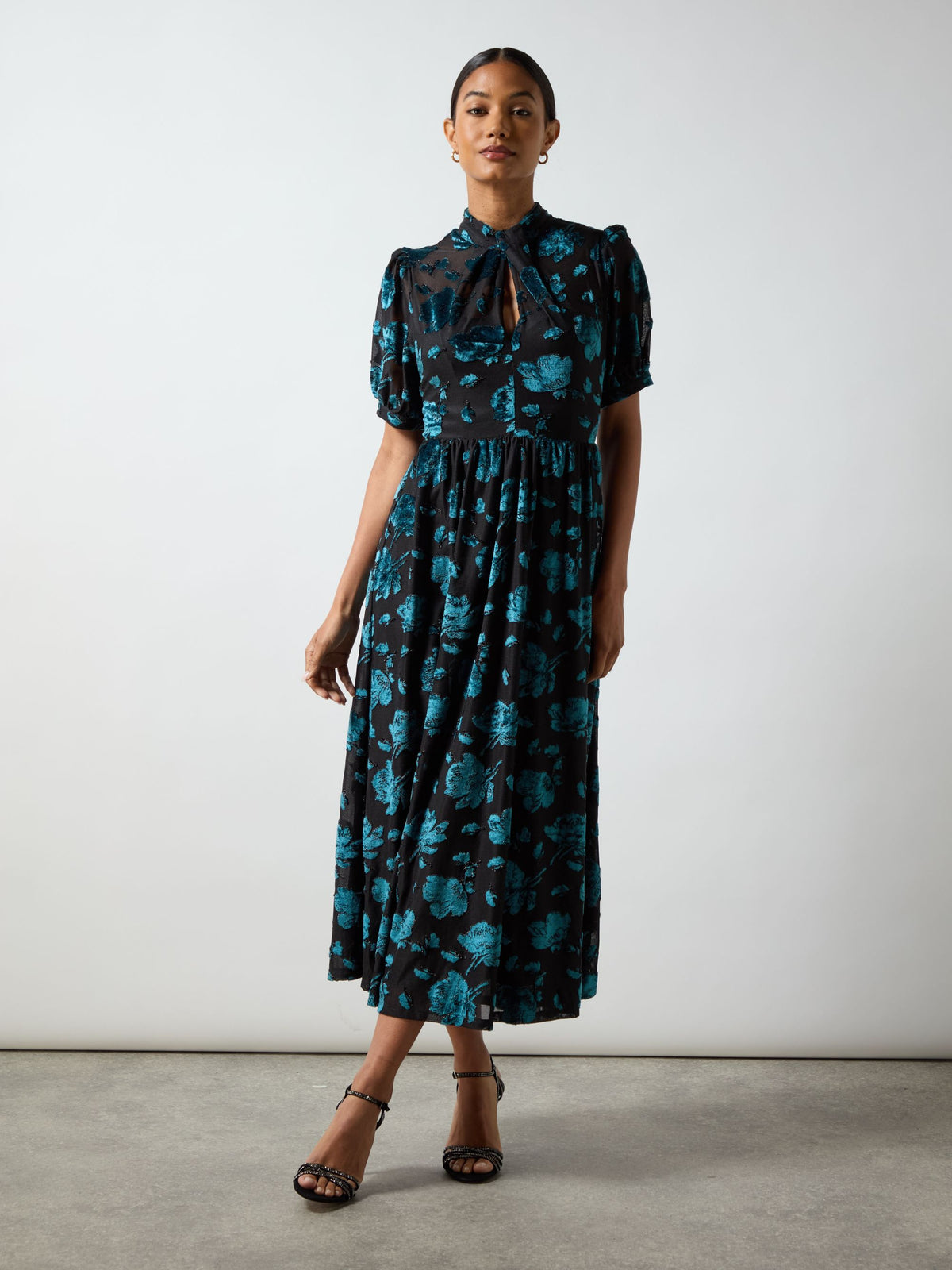 Erin Teal Floral Jersey Burnout Midi Dress