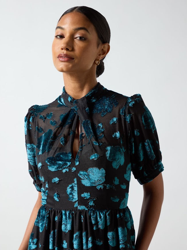 Erin Teal Floral Jersey Burnout Midi Dress