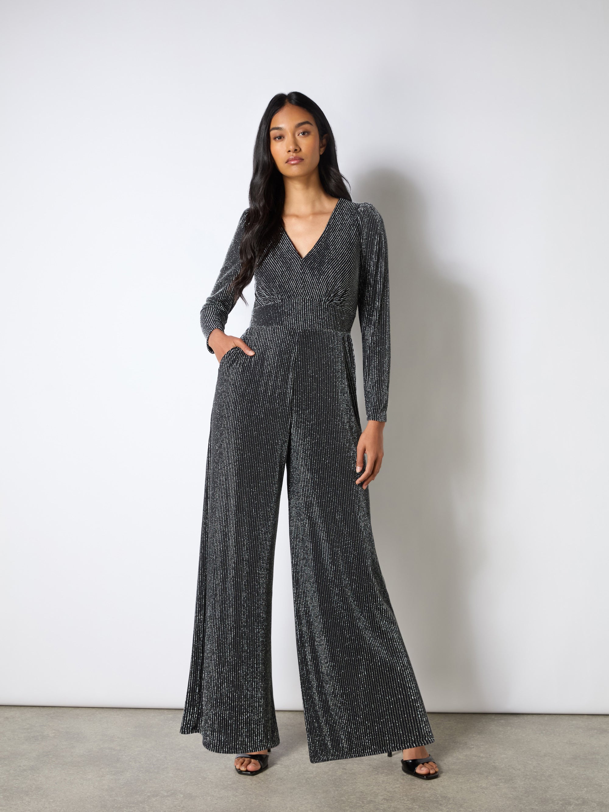 Petite Eliza Silver Sparkle Jersey V Neck Jumpsuit Ro Zo