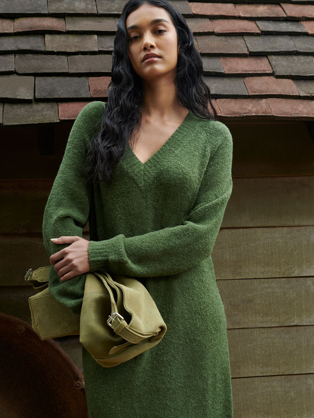 Olive V-Neck Textured Knit Dress