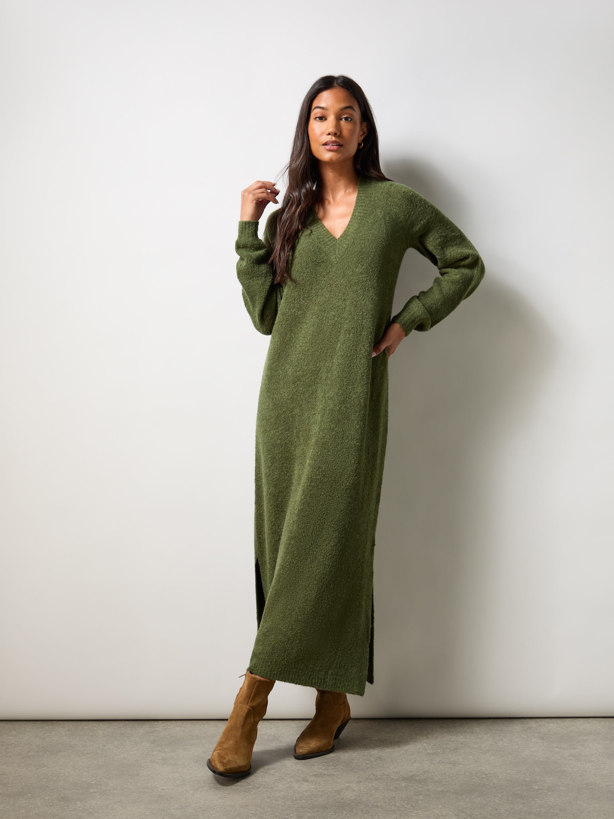 Olive V Neck Textured Knit Dress Ro Zo