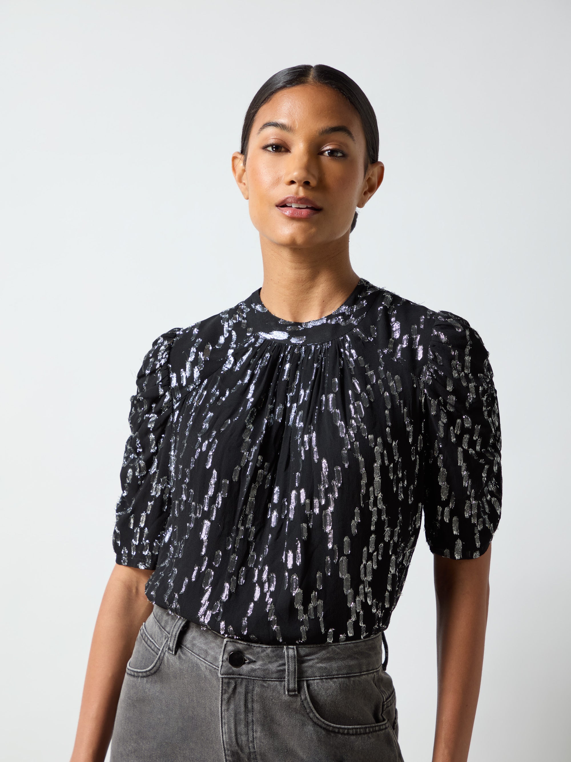 Silver Foil Puff Sleeve Top Ro Zo