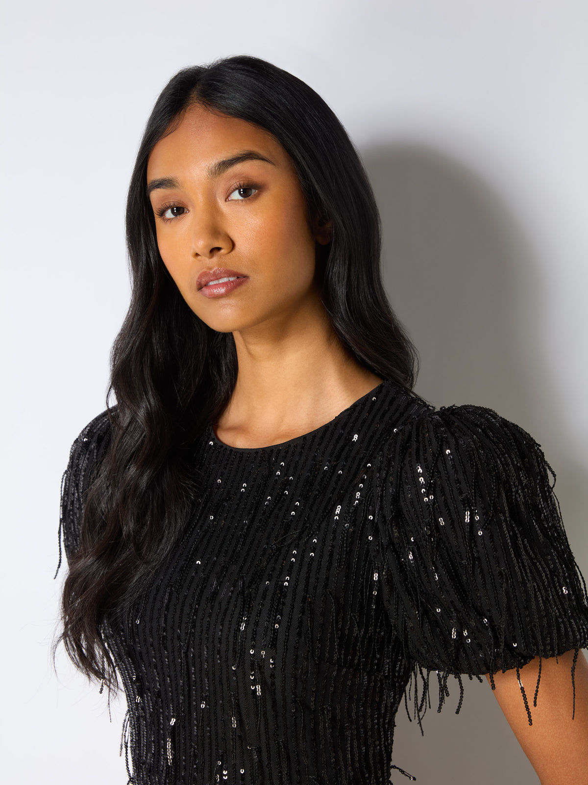 Petite Gina Black Fringe Sequin Puff Sleeve Midi Dress