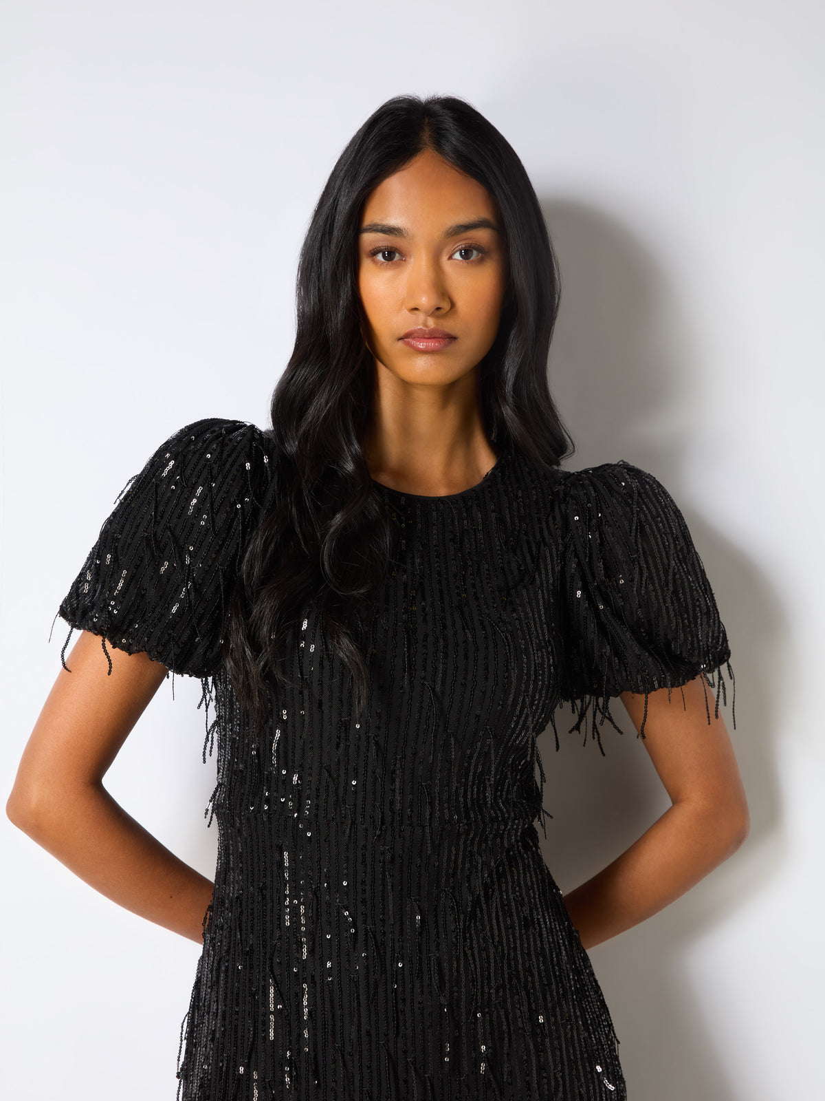 Petite Gina Black Fringe Sequin Puff Sleeve Midi Dress