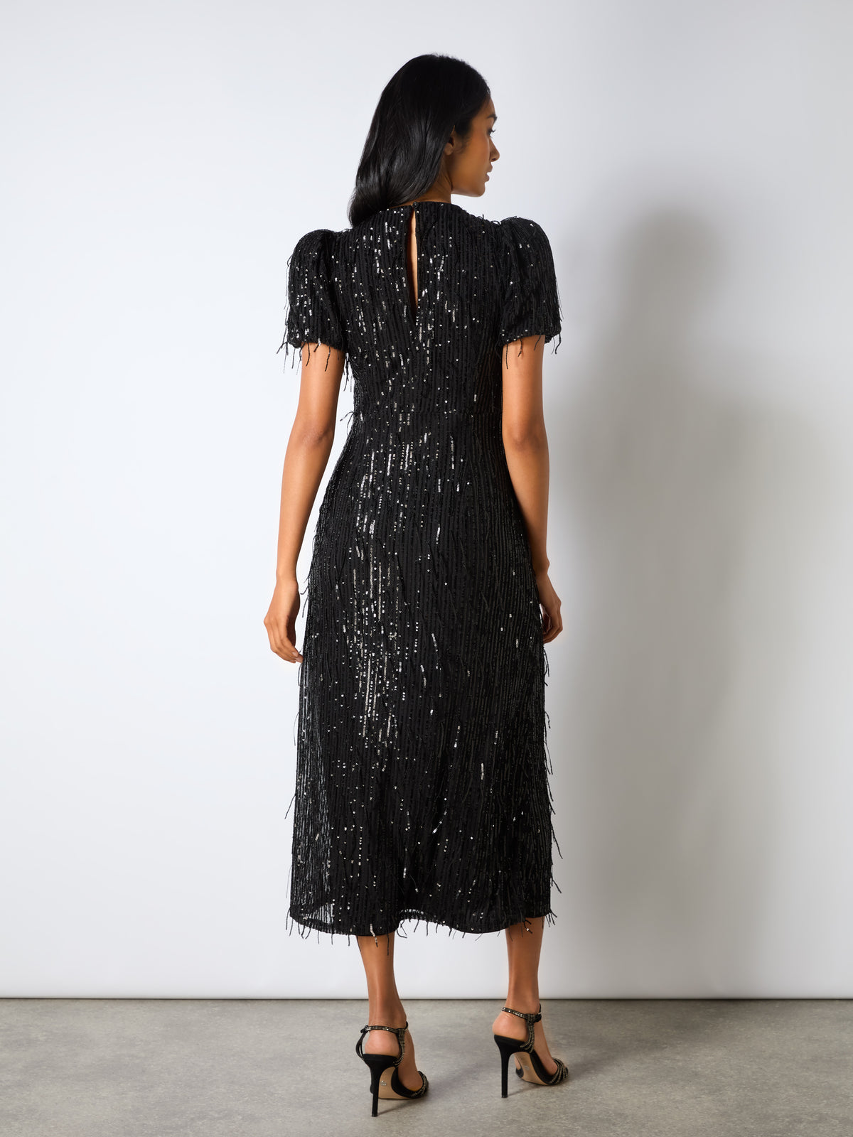 Petite Gina Black Fringe Sequin Puff Sleeve Midi Dress