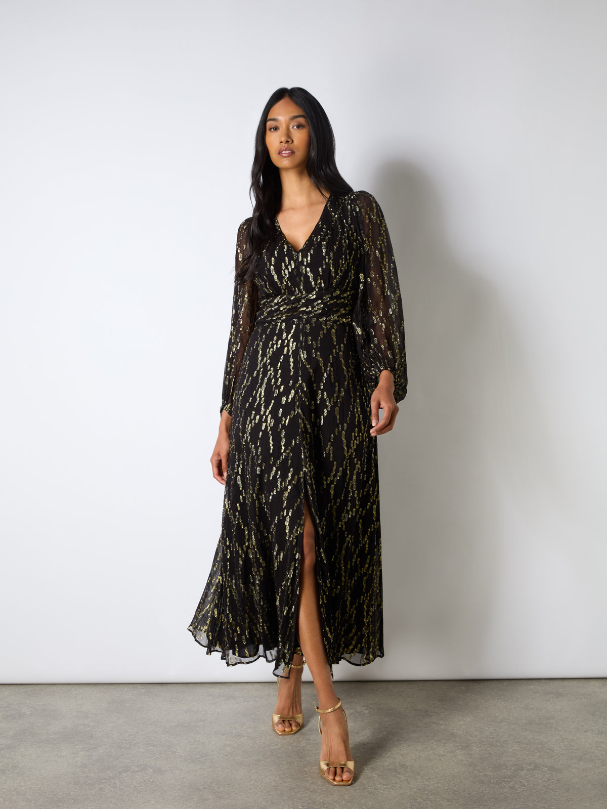 Gold Foil V-Neck Midaxi Dress