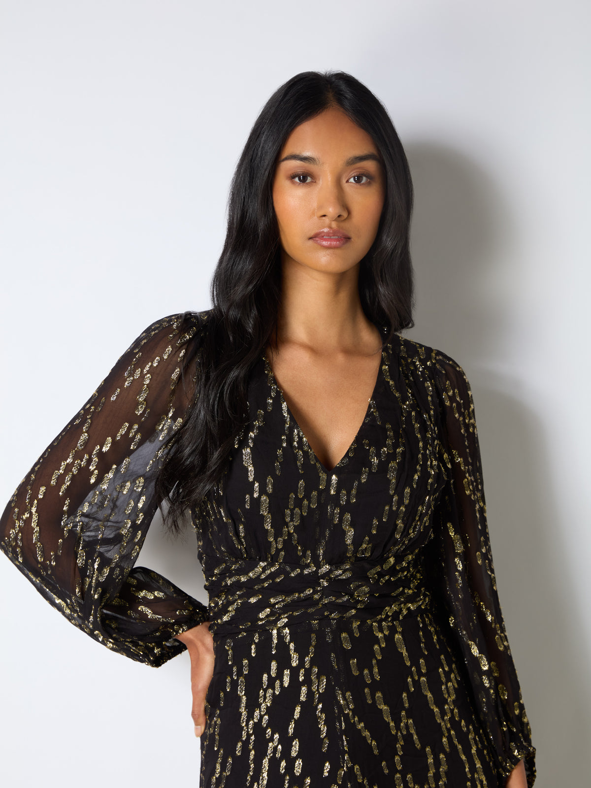 Gold Foil V-Neck Midaxi Dress