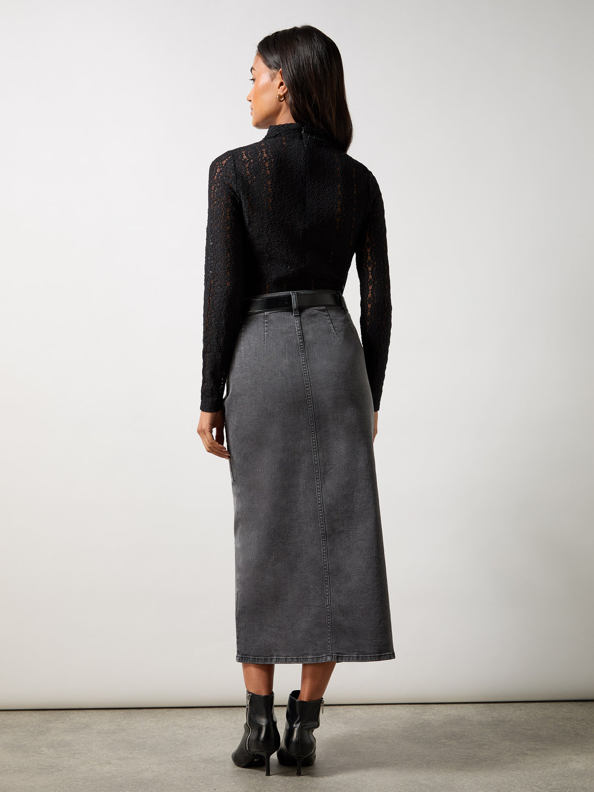 Petite Grey Denim Midi Skirt