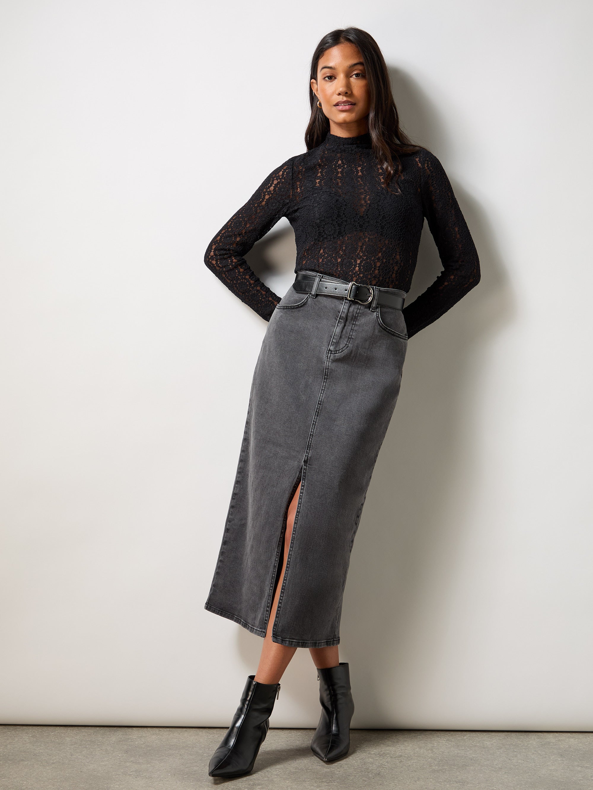 Petite Grey Denim Midi Skirt Ro Zo