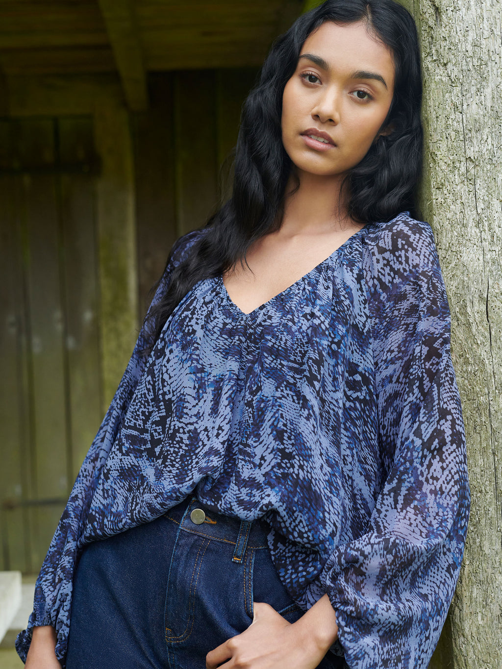 Voluminous Animal Blouson Sleeve Blouse